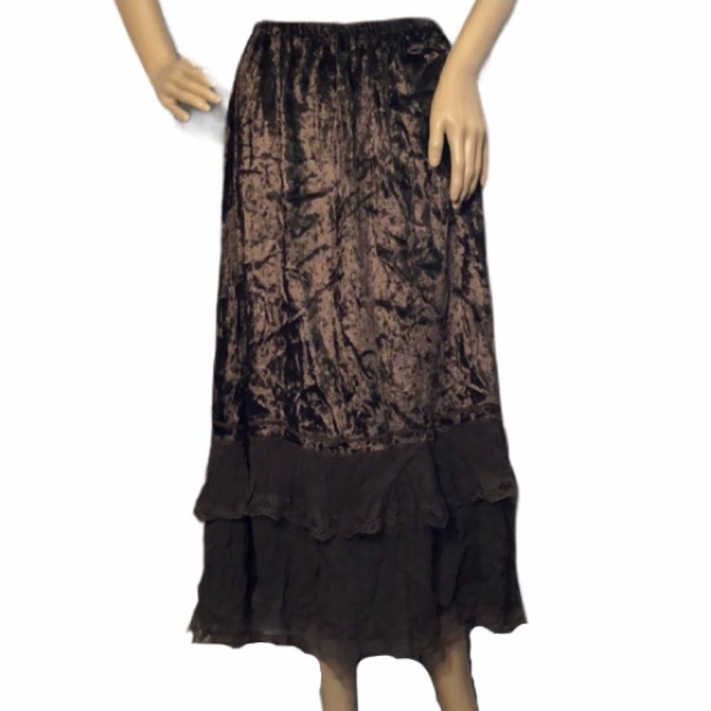 Kaktus Brown Velvet Maxi Skirt Lace Hem Boho Small